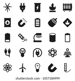 Flat vector icon set - atom vector, table lamp, magnet, enegry drink, flammable, oil barrel, battery, rca, solar panel, windmill, power plug, heater, bulb, multi socket