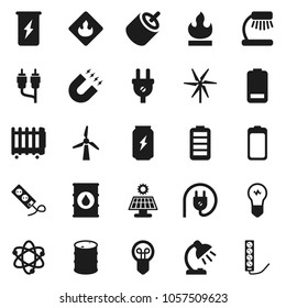 Flat vector icon set - atom vector, table lamp, magnet, enegry drink, flammable, oil barrel, battery, rca, solar panel, windmill, power plug, heater, bulb, multi socket