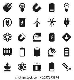 Flat vector icon set - atom vector, table lamp, magnet, enegry drink, flammable, oil barrel, battery, rca, windmill, power plug, heater, bulb, multi socket