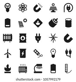 Flat vector icon set - atom vector, table lamp, magnet, enegry drink, flammable, oil barrel, battery, rca, solar panel, windmill, power plug, heater, bulb, multi socket