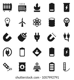 Flat vector icon set - atom vector, magnet, enegry drink, flammable, oil barrel, battery, rca, solar panel, windmill, power plug, heater, bulb, multi socket