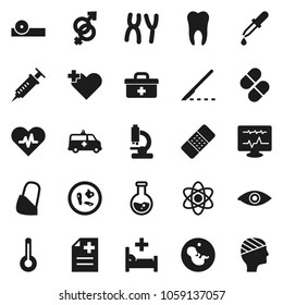 Flat vector icon set - atom vector, flask, doctor bag, heart pulse, cross, thermometer, eye, gender sign, pregnancy, syringe, dropper, scalpel, patch, pills, hat, microscope, microbs, chromosomes