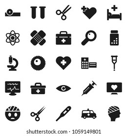 Flat vector icon set - atom vector, pills vial, heart monitor, cross, doctor bag, thermometer, eye, magnifier, syringe, crutches, scissors, patch, hat, microscope, hospital bed, building, diagnostic