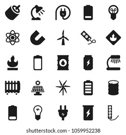 Flat vector icon set - atom vector, table lamp, magnet, enegry drink, flammable, oil barrel, battery, rca, solar panel, windmill, power plug, heater, bulb, multi socket