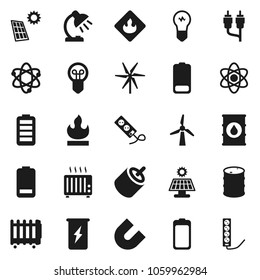 Flat vector icon set - atom vector, table lamp, magnet, enegry drink, flammable, oil barrel, battery, rca, solar panel, windmill, heater, bulb, multi socket