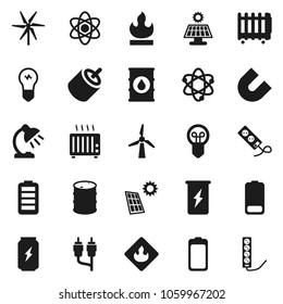Flat vector icon set - atom vector, table lamp, magnet, enegry drink, flammable, oil barrel, battery, rca, solar panel, windmill, heater, bulb, multi socket