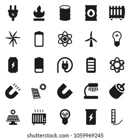 Flat vector icon set - atom vector, table lamp, magnet, enegry drink, flammable, oil barrel, battery, rca, solar panel, windmill, power plug, heater, bulb, multi socket