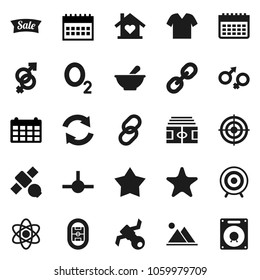 Flat vector icon set - atom vector, calendar, stadium, target, oxygen, satellite, link, favorites, gender sign, mortar, connect, refresh, mountain, love home, sale, clothes, star, speaker