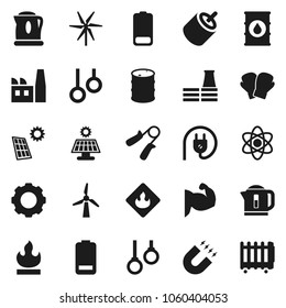 Flat vector icon set - atom vector, magnet, hand trainer, muscule, boxing glove, gymnast rings, flammable, oil barrel, battery, rca, gear, solar panel, windmill, factory, power plug, kettle, heater