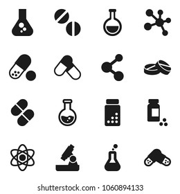 Flat vector icon set - atom vector, microscope, flask, pills vial, molecule