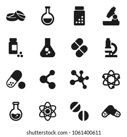 Flat vector icon set - atom vector, microscope, flask, pills vial, molecule