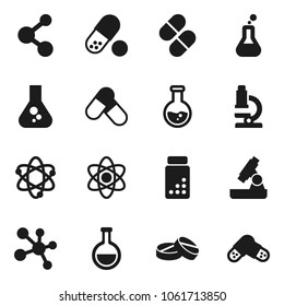 Flat vector icon set - atom vector, microscope, flask, pills vial, molecule