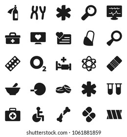 Flat vector icon set - atom vector, heart monitor, first aid kit, oxygen, doctor bag, ambulance star, disabled, vial, magnifier, insemination, broken bone, patch, pills, blister, mortar, chromosomes