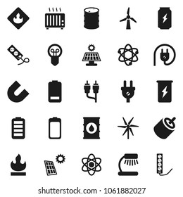Flat vector icon set - atom vector, table lamp, magnet, enegry drink, flammable, oil barrel, battery, rca, solar panel, windmill, power plug, heater, bulb, multi socket