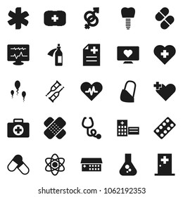Flat vector icon set - atom vector, flask, pills, heart monitor, cross, first aid kit, ambulance star, pulse, gender sign, crutches, patch, stethoscope, blister, anamnesis, hospital building, potion