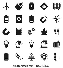 Flat vector icon set - atom vector, table lamp, magnet, enegry drink, flammable, oil barrel, battery, rca, solar panel, windmill, heater, bulb, multi socket