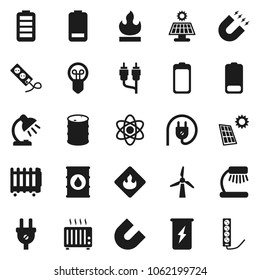 Flat vector icon set - atom vector, table lamp, magnet, enegry drink, flammable, oil barrel, battery, rca, solar panel, windmill, power plug, heater, bulb, multi socket
