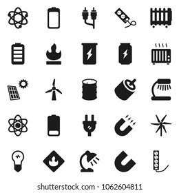 Flat vector icon set - atom vector, table lamp, magnet, enegry drink, flammable, oil barrel, battery, rca, solar panel, windmill, power plug, heater, bulb, multi socket