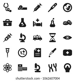Flat vector icon set - atom vector, flask, first aid kit, doctor bag, thermometer, eye, pregnancy, syringe, dropper, crutches, sand clock, stethoscope, pills, hat, microscope, microbs, chromosomes
