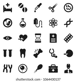 Flat vector icon set - atom vector, doctor bag, heart pulse, flask, vial, eye, dna, pregnancy, insemination, dropper, scissors, broken bone, sand clock, stethoscope, pills, blister, microbs, sperm