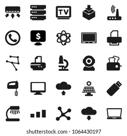 Flat vector icon set - atom vector, microscope, table lamp, monitor dollar, package, sorting, tv, network, big data, router, cloud upload, download, solar panel, phone, mixer, toaster, web camera