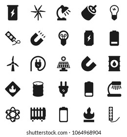 Flat vector icon set - atom vector, table lamp, magnet, enegry drink, flammable, oil barrel, battery, rca, solar panel, windmill, power plug, heater, bulb, multi socket