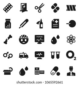 Flat Vector Icon Set - Atom Vector, Pills, Oxygen, Thermometer, Vial, Gender Sign, Insemination, Scissors, Broken Bone, Bottle, Blister, Blood Drop, Anamnesis, Hospital Building, Amkbulance Car