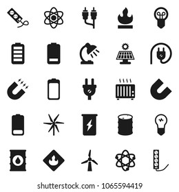Flat vector icon set - atom vector, table lamp, magnet, enegry drink, flammable, oil barrel, battery, rca, solar panel, windmill, power plug, heater, bulb, multi socket