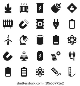 Flat vector icon set - atom vector, table lamp, magnet, enegry drink, flammable, oil barrel, battery, rca, solar panel, windmill, power plug, heater, multi socket