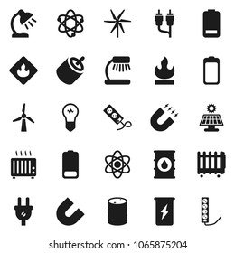 Flat vector icon set - atom vector, table lamp, magnet, enegry drink, flammable, oil barrel, battery, rca, solar panel, windmill, power plug, heater, bulb, multi socket