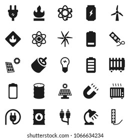 Flat vector icon set - atom vector, table lamp, magnet, enegry drink, flammable, oil barrel, battery, rca, solar panel, windmill, power plug, heater, bulb, multi socket