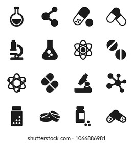 Flat vector icon set - atom vector, microscope, flask, pills vial, molecule