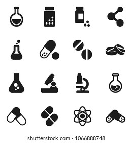 Flat vector icon set - atom vector, microscope, flask, pills vial, molecule