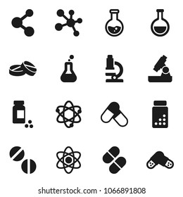 Flat vector icon set - atom vector, microscope, flask, pills vial, molecule