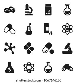 Flat vector icon set - atom vector, microscope, flask, pills vial, molecule