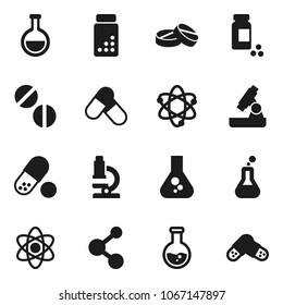 Flat vector icon set - atom vector, microscope, flask, pills vial, molecule