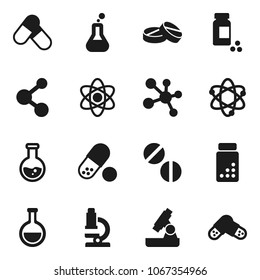 Flat vector icon set - atom vector, microscope, flask, pills vial, molecule