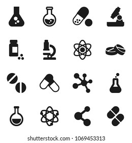 Flat vector icon set - atom vector, microscope, flask, pills vial, molecule