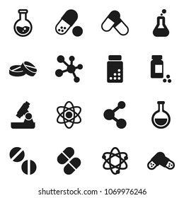 Flat vector icon set - atom vector, microscope, flask, pills vial, molecule