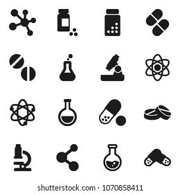 Flat vector icon set - atom vector, microscope, flask, pills vial, molecule