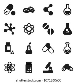 Flat vector icon set - atom vector, microscope, flask, pills vial, molecule