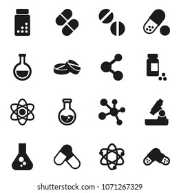 Flat vector icon set - atom vector, microscope, flask, pills vial, molecule