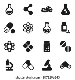 Flat vector icon set - atom vector, microscope, flask, pills vial, molecule