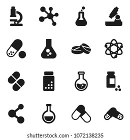 Flat vector icon set - atom vector, microscope, flask, pills vial, molecule