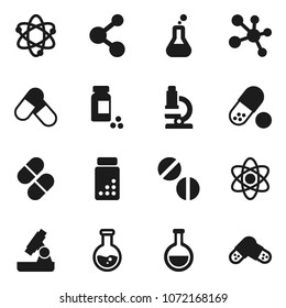 Flat vector icon set - atom vector, microscope, flask, pills vial, molecule