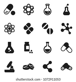 Flat vector icon set - atom vector, microscope, flask, pills vial, molecule