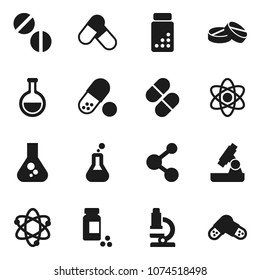 Flat vector icon set - atom vector, microscope, flask, pills vial, molecule