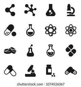 Flat vector icon set - atom vector, microscope, flask, pills vial, molecule