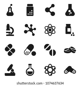 Flat vector icon set - atom vector, microscope, flask, pills vial, molecule
