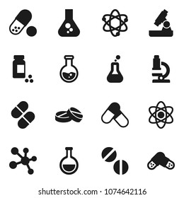 Flat vector icon set - atom vector, microscope, flask, pills vial, molecule